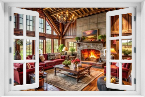 Crimson Roots Sanctuary: Rustic countryside havens with crimson accents, weathered barns, crackling fireplaces, and cozy interiors, inviting a sense of warmth, comfort, and refuge.