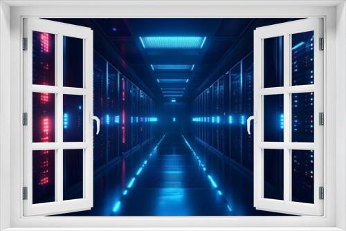 bright data center, server racks, network equipment, clean server room, high-tech infrastructure, glowing LED lights, cable management, cool blue tones, symmetrical corridor.