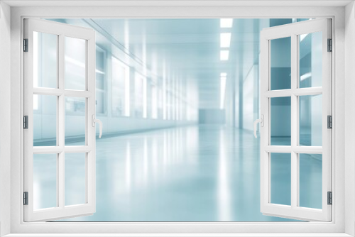 A sleek, modern corridor with reflective surfaces and bright lighting.