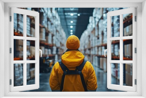 skilled warehouse operator maneuvering forklift through rows of towering shelves industrial efficiency in action showcasing logistics and supply chain management