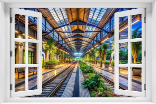 Tranquil Urban Oasis: Serene station interior, soft lighting, natural elements, calming atmosphere, open spaces