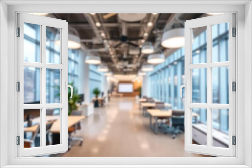 Beautiful blurred background of a light modern office interior with panoramic windows and beautiful lighting, ai