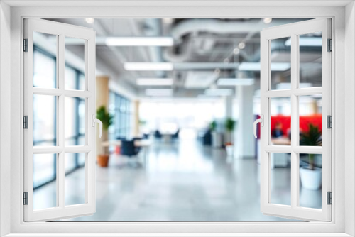 Beautiful blurred background of a light modern office interior with panoramic windows and beautiful lighting, ai