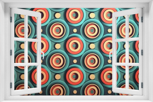 Abstract Geometric Pattern with Nested Circles in Teal, Red, and Yellow