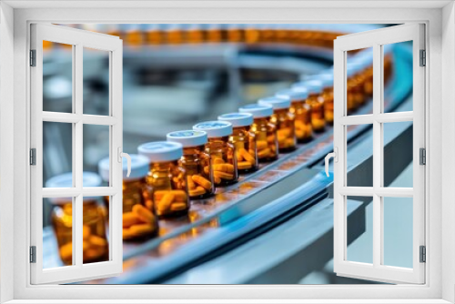 Close-up of glass medicine bottles on a conveyor belt under inspection in a factory