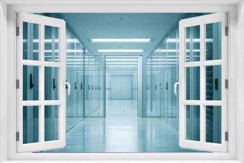 Award-winning photography of a modern data center, glass server rooms, industrial minimalism, sharp focus.