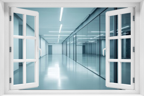 Data center server room with contemporary glass panels, industrial minimalism, realistic lighting,