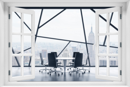 Fototapeta Naklejka Na Ścianę Okno 3D - A meeting room in a bright contemporary panoramic office space with New York city view. The concept of highly professional financial or legal services. 3D rendering.