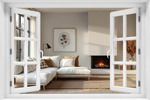 White corner sofa next to the fireplace. Modern living room interior design.