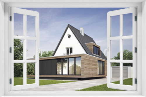 Fototapeta Naklejka Na Ścianę Okno 3D - Haus modernisiert mit Anbau