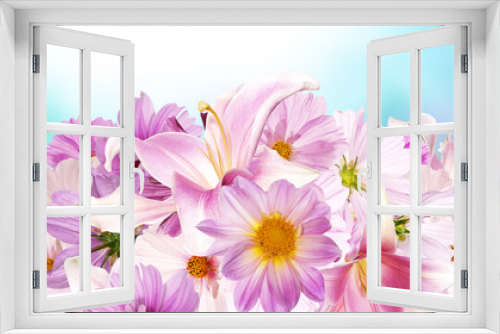 Fototapeta Naklejka Na Ścianę Okno 3D - Beautiful bouquet pink flowers.Lily.,orchids,pink chamomile,cosmeya and garden flowers