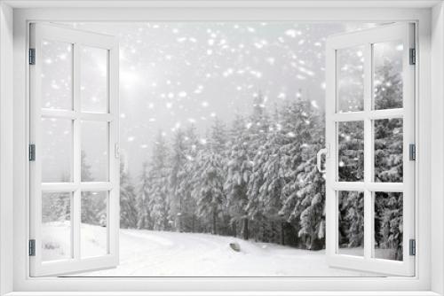 Fototapeta Naklejka Na Ścianę Okno 3D - Winter landscape - snowfall in coniferous forest