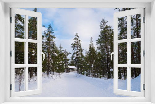Fototapeta Naklejka Na Ścianę Okno 3D - The House in winter forest
