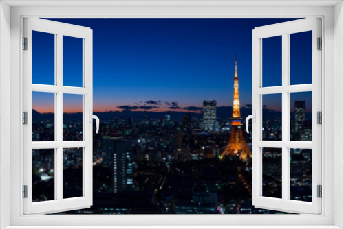 Fototapeta Naklejka Na Ścianę Okno 3D - Panoramic view at dusk in Tokyo with Tokyo tower